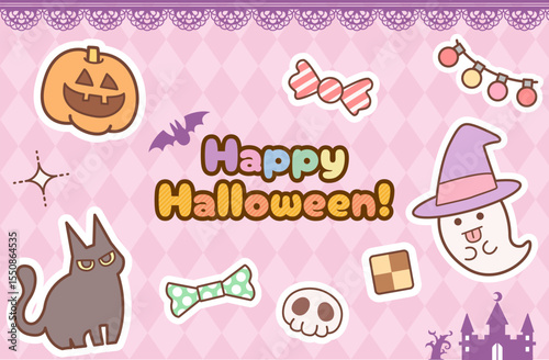 Cute Halloween Elements with Ghost, Pumpkin, Cat and Sweets on Pink Background