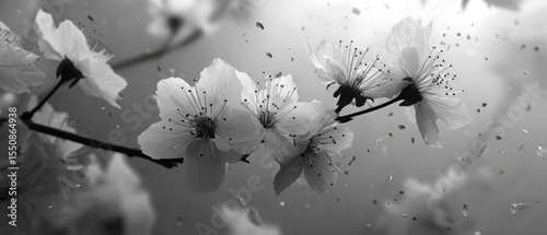 Black and White Cherry Blossom Branch with Delicate Petals Falling