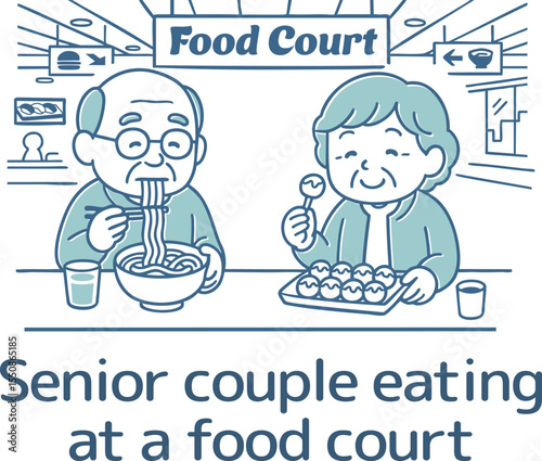 フードコートで食事をするシニア夫婦
Senior couple eating at a food court