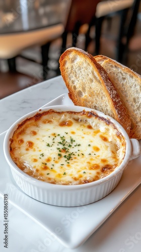 Delectable Baked Cheese Dish with Garlic Bread Restaurant Food Cuisine