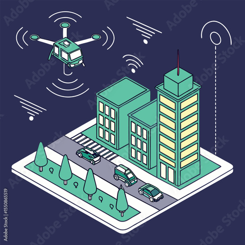AI-powered drone flying over smart city