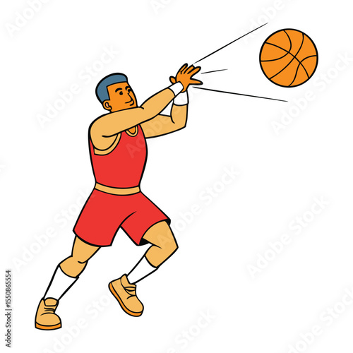 Close-up of basketball player's hands in mid-air, releasing the ball in a perfect shooting form, fingers flicked, ball arcing toward the hoop with focus and precision.
