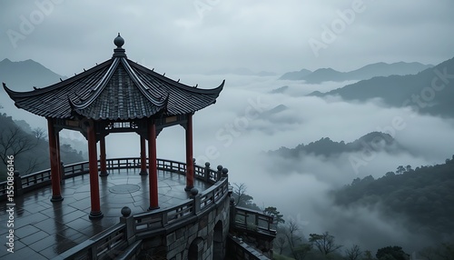 Traditional Asian Pavilion Overlooking Misty Mountain Landscape on a Cloudy Day