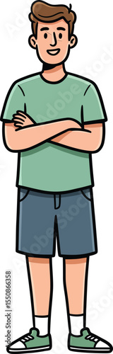 Young man standing with crossed arms wearing green t-shirt and blue shorts casual summer outfit cartoon illustration 
