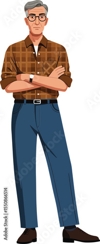 Middle-aged man with glasses wearing brown checkered shirt and blue pants standing confidently with arms crossed 