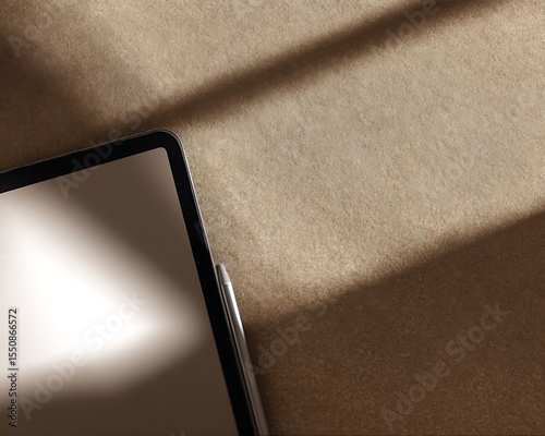 Tablet and stylus on a beige surface with sunlight
