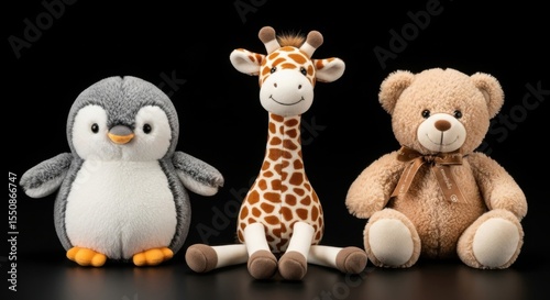 Three adorable fluffy stuffed animal toys a penguin a giraffe and a teddy bear sitting together against a dark background
