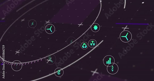 Pointer emerging triggers animated icons orbiting arcs illustrating energy environment metrics