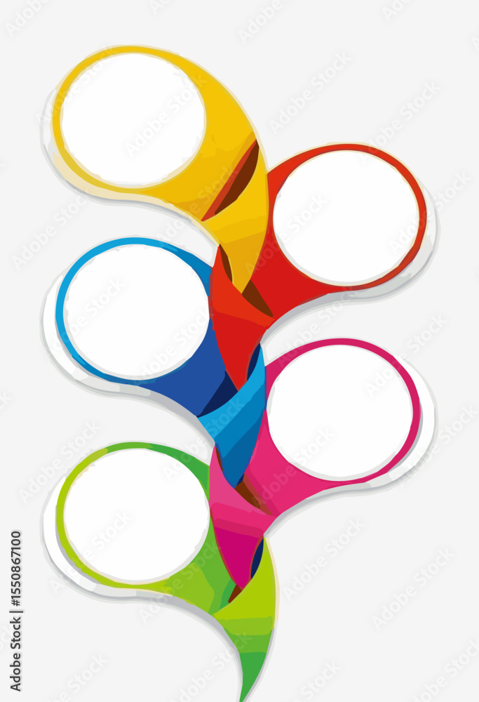 A modern and colorful infographic template with five blank, interconnected steps. The 3D paper-cut style creates a dynamic, flowing design, perfect for presentations, diagrams, or showing