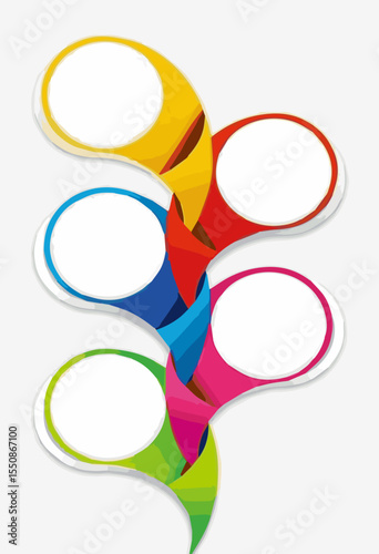 A modern and colorful infographic template with five blank, interconnected steps. The 3D paper-cut style creates a dynamic, flowing design, perfect for presentations, diagrams, or showing