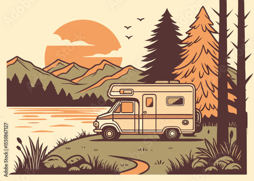 Retro campervan adventure illustration with mountains trees and sunset scenic landscape design vector