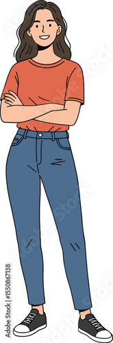 Young woman standing with crossed arms wearing orange shirt and blue jeans casual outfit smiling confidently 