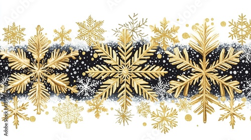 Golden snowflakes winter border design, seamless pattern, festive background