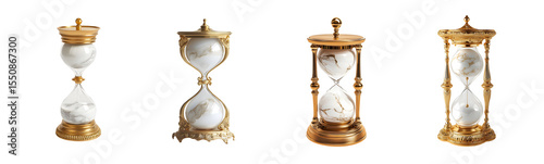 Ornate gold-toned hourglasses with white marble accents. isolated on transparent background