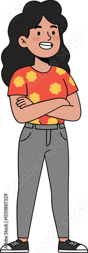 Confident young woman wearing orange floral shirt and gray pants standing with crossed arms smiling 