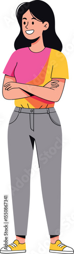Young woman standing confidently with crossed arms wearing colorful pink and yellow top with gray pants and yellow shoes 