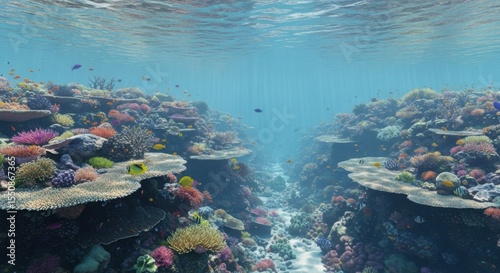 Vibrant underwater coral reef teeming with diverse marine life showcasing an aquatic ecosystem in clear blue ocean waters