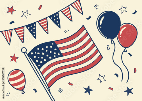 Celebrate independence day with american flag balloons and bunting for patriotic holiday celebration