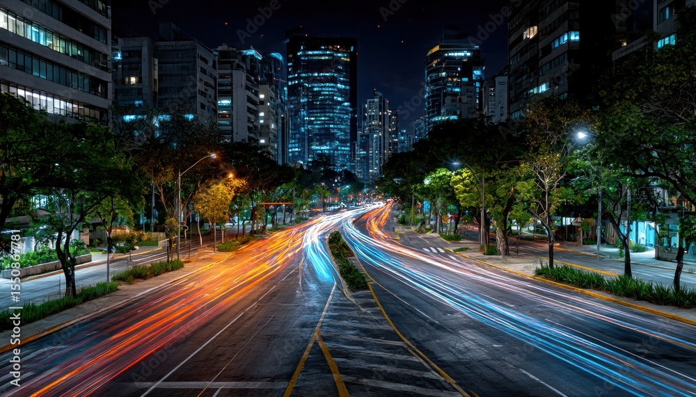 Obraz premium Night city lights streak across highway