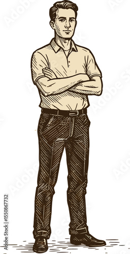 Standing man with crossed arms in casual clothing vintage engraving style natural confident pose