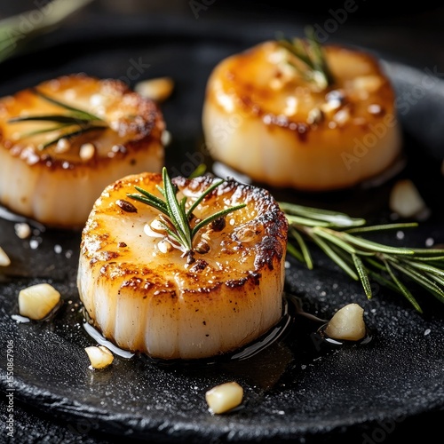 Sea scallops cooked in a pan with rosemary and garlic.