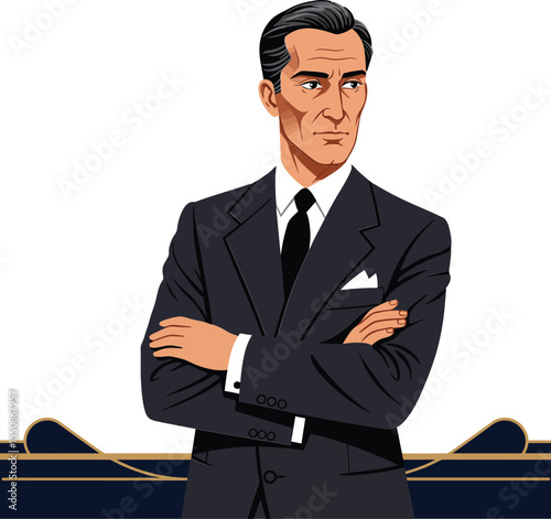 Mature man in black suit with crossed arms standing confidently against abstract background in digital illustration style 