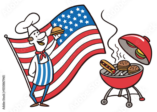 American bbq party with chef grilling burgers and hotdogs with american flag for independence day celebration