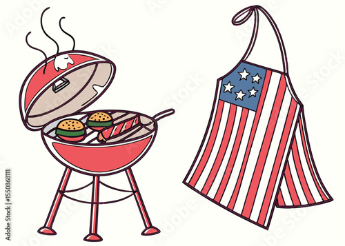 Grilling burgers and hotdogs on the barbecue with american flag apron for fourth of july celebration