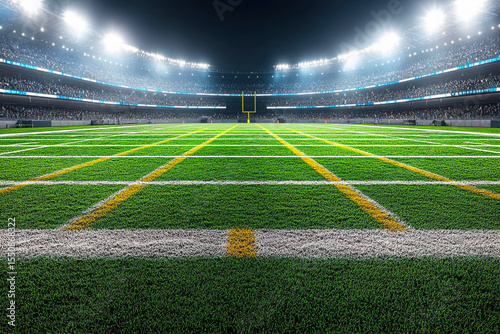 Football Stadium: A perspective shot of an empty football field illuminated by bright stadium lights. Lush green turf with white and yellow markings.