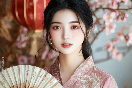 Poised Beauty: A portrait of a elegant Asian woman, clad in traditional attire, adorned with a fan, radiating poise against a soft, warm backdrop.