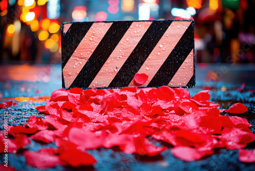 A black and white striped wooden board rests on a glistening wet street, red rose petals drifting gently around it as distant city lights blur into colorful bokeh.