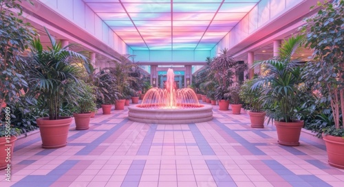 Serene Conservatory Oasis with Illuminated Fountain and Lush Tropical Plants Creating a Tranquil Atmosphere