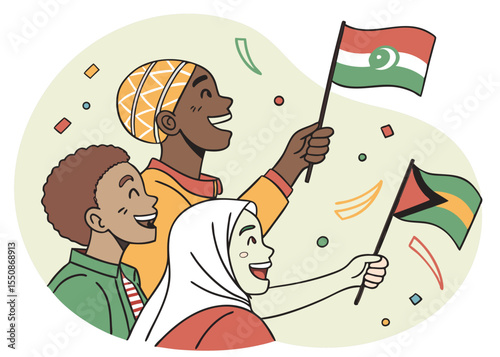 Vector Art Diverse People Celebrating Independence Day with Flags