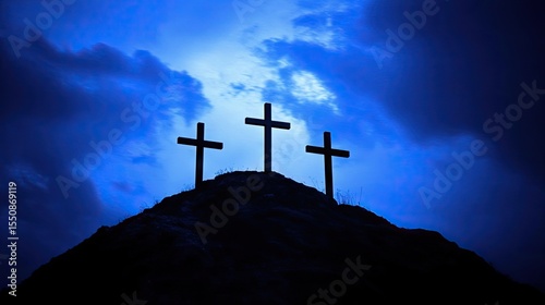 Three crosses silhouetted against a twilight sky.