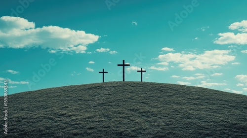 Three crosses stand sentinel on a grassy hilltop beneath a vibrant sky.