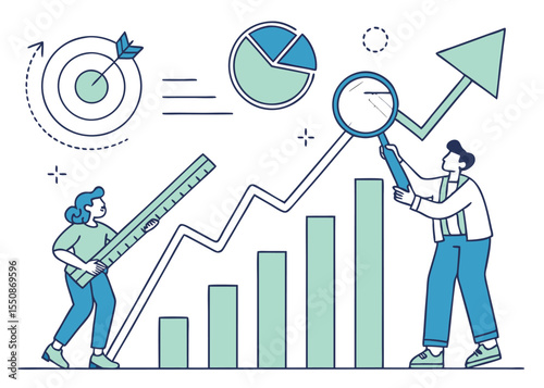 Business growth analysis with chart and target marketing strategy for success and improvement goals