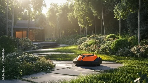 Robotic lawn mower navigating a lush garden pathway in sunlight