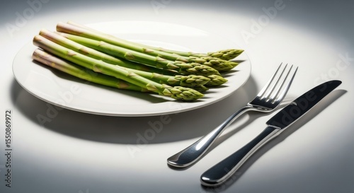 Fresh Asparagus Stalks Served on a White Plate with Silverware Ready for a Healthy Meal