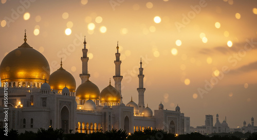 “Islamic Happy New Year Background – Muharram Celebration with Crescent Moon and Mosque Silhouette”
