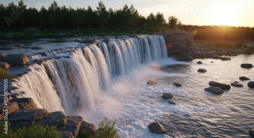 Scenic Cascade in a Vast Wilderness Under a Glorious Sunset Sky Painting Nature with Golden Light