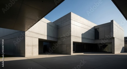 Striking Brutalist Architecture Showcasing Geometric Forms and Stark Concrete Textures Under Clear Skies