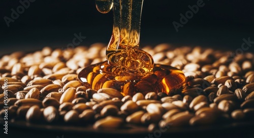 Viscous golden honey cascades onto a bed of healthy nutritious nuts in a dramatic close-up shot