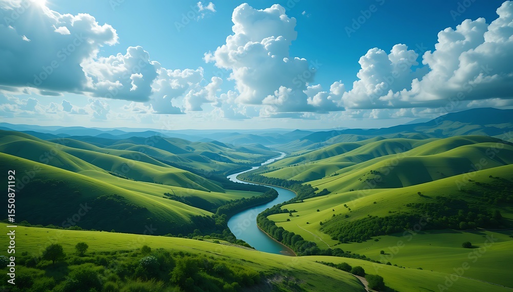 Fototapeta premium Vast green rolling hills with a winding river under a blue sky