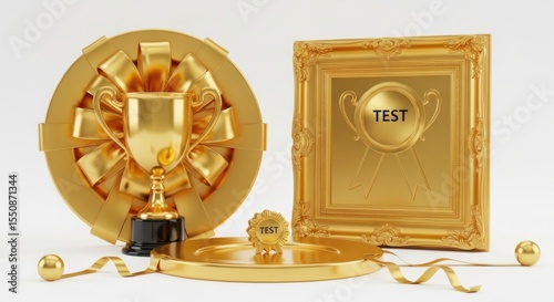 A Majestic Golden Trophy Display Featuring a Champion Cup Podium and an Ornate Framed Award Showcasing a Celebratory Achievement