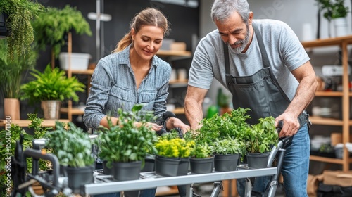 Wallpaper Mural Mature couple working together in a plant shop, arranging potted herbs on a mobile cart. Torontodigital.ca
