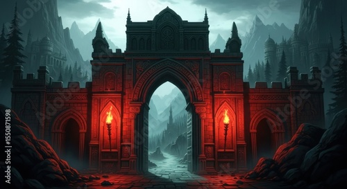 Enchanting Medieval Gothic Archway Entrance to a Mystical Dark Forest Under a Gloomy Sky