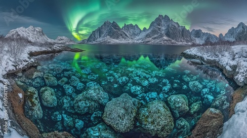Crystal-clear water reflects aurora borealis over snowy mountains.