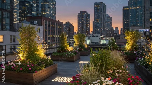 Rooftop garden at sunset with vibrant flowers and city skyline backdrop