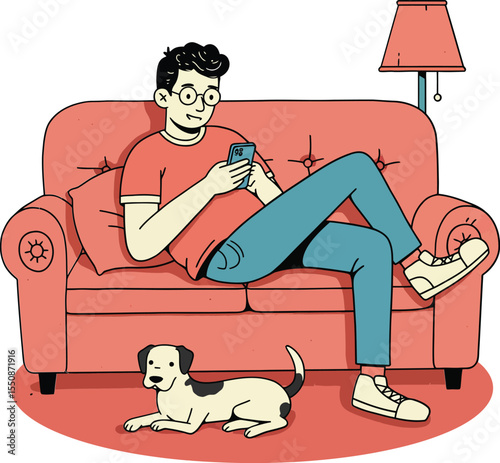 Young man relaxing on red sofa with mobile phone and dog lying nearby in cozy living room setting 