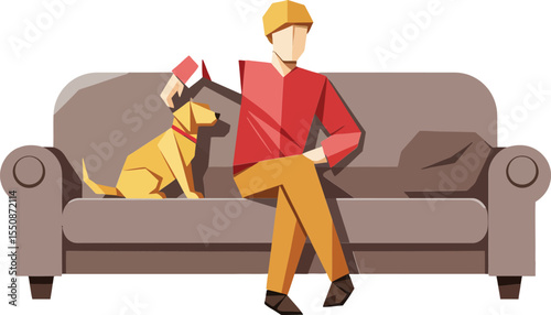 Man sitting on brown sofa with dog companion in casual home interior scene relaxing together 